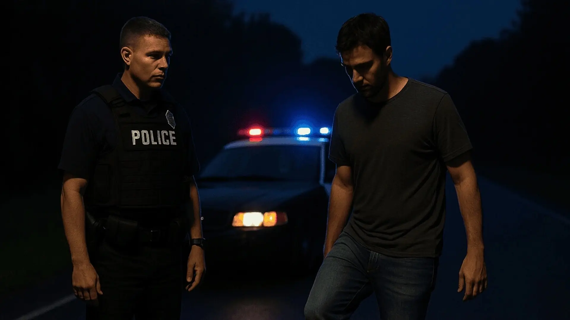 Field sobriety test during nighttime DUI traffic stop in Garrett County Maryland - Western Maryland defense attorneys Phillips and Allen